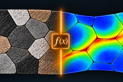 A polycrystalline microstructure on the left passing through a function f(x) to the predicted strain field on the right