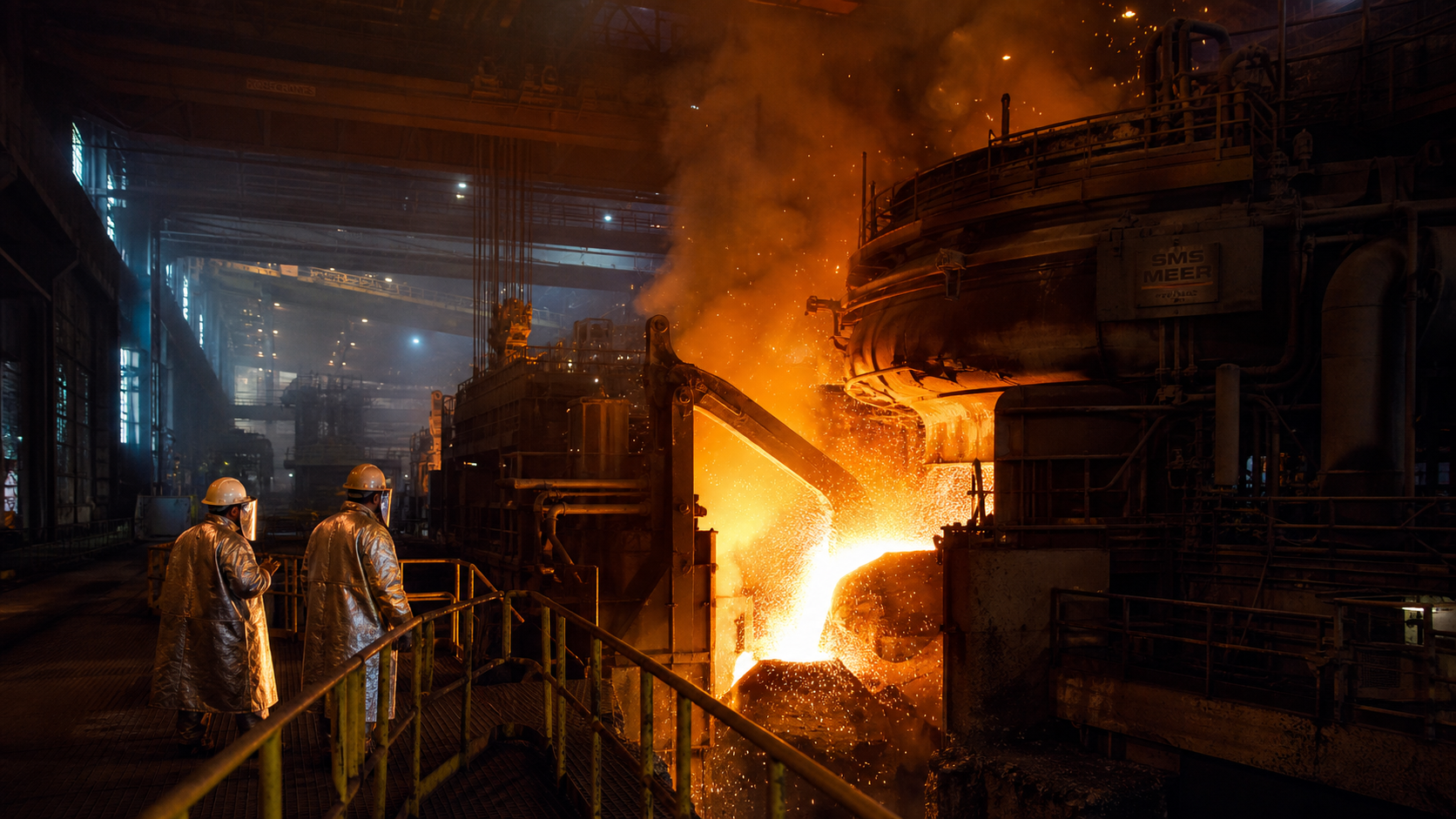 Electric arc furnace mid-tap on an industrial steel shopfloor, glowing molten steel and sparks
