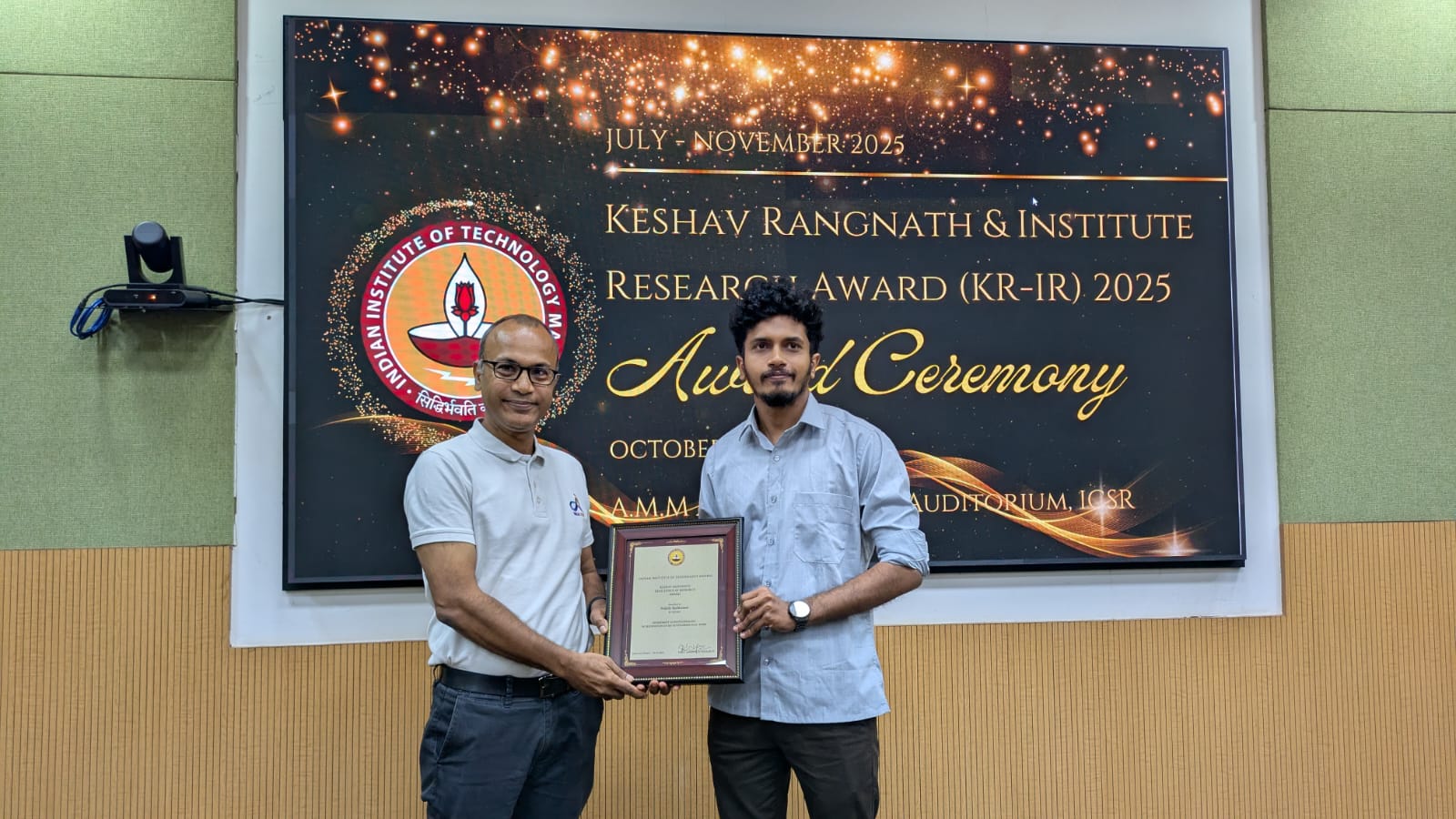 Keshav-Ranganath Award to Srijith Sasikumar, IIT Madras, Chennai (2025)